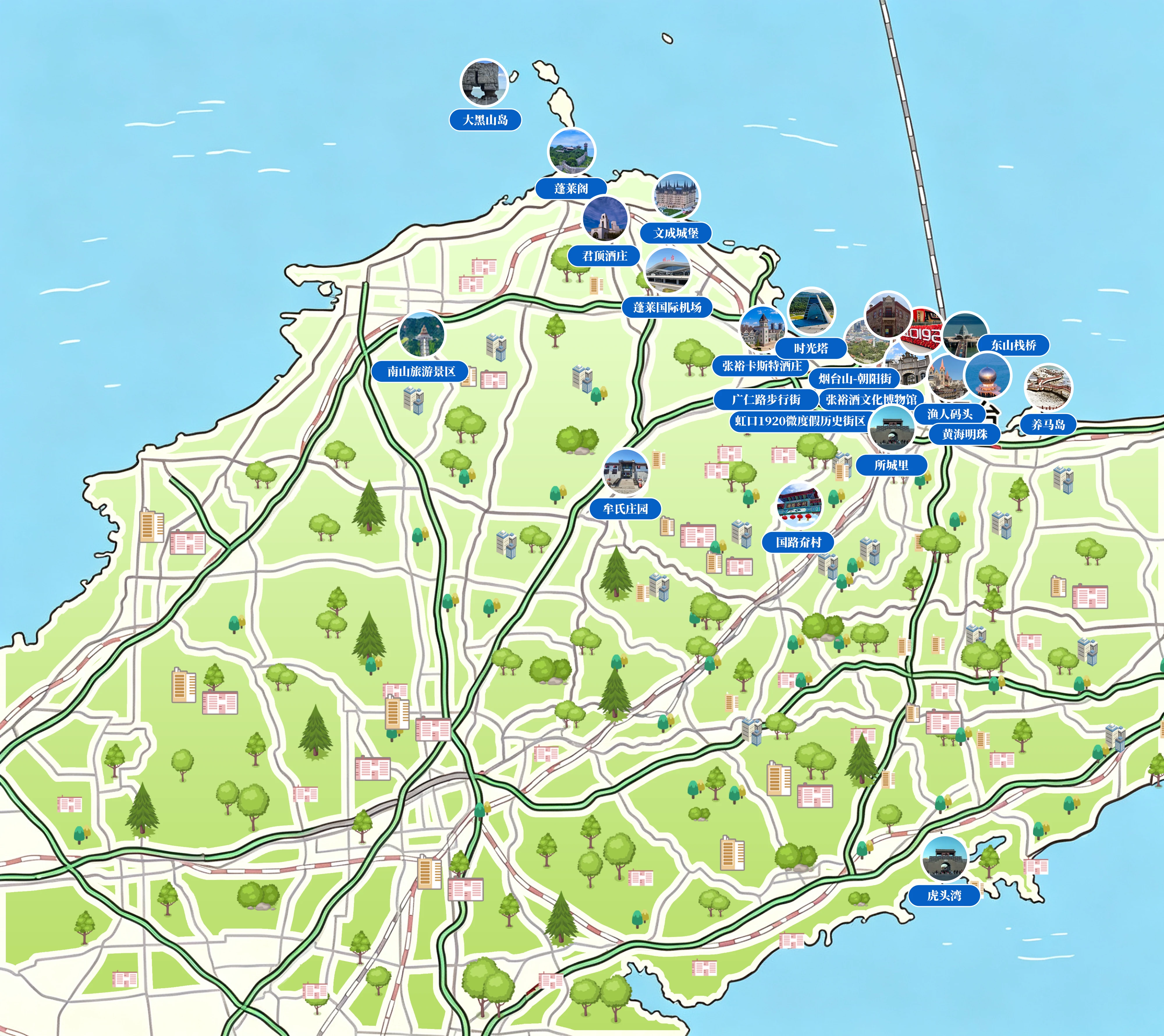烟台手绘地图，标注影视取景地